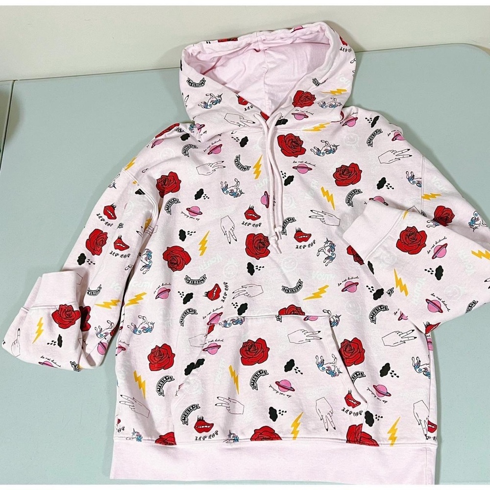 Pink Pastel Cartoon Graphic Pullover Hoodie Sweatshirt Sweater Size M 💖🌹✨